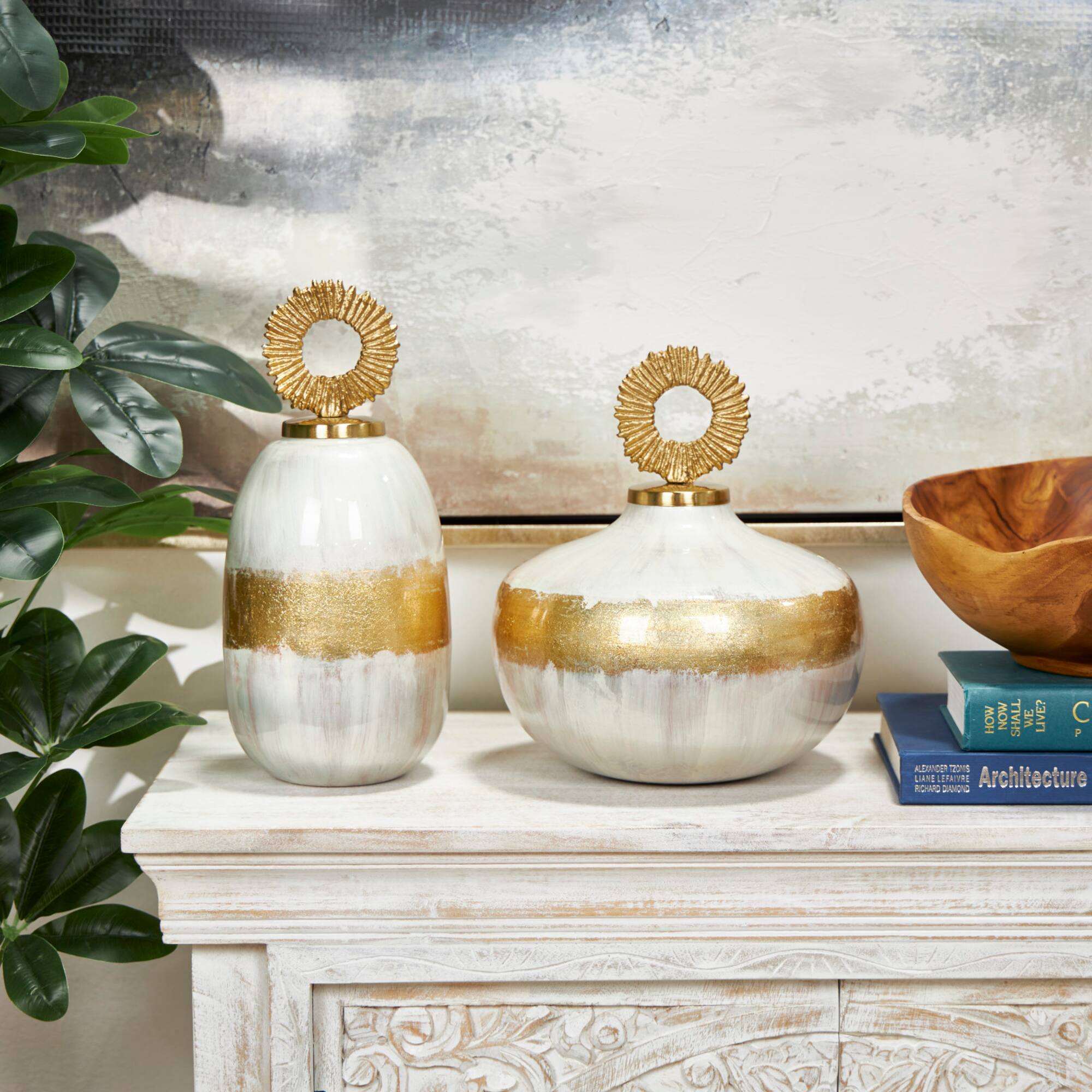 White Metal Abstract Brushed Decorative Jar Set with Gold Detailing & Ring Handles
